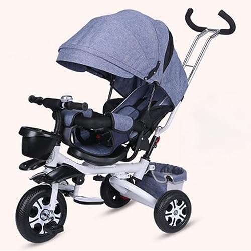 LHTJHP Kids Tricycle,Tricycle Stroller,Kid Stroller,4 in 1 Kids Trike,Folding Kids Tricycle Stroller with Push Handle,Removable Canopy,Rotatable Seat,Rubber Wheels,White+Gray,EVA Wheel