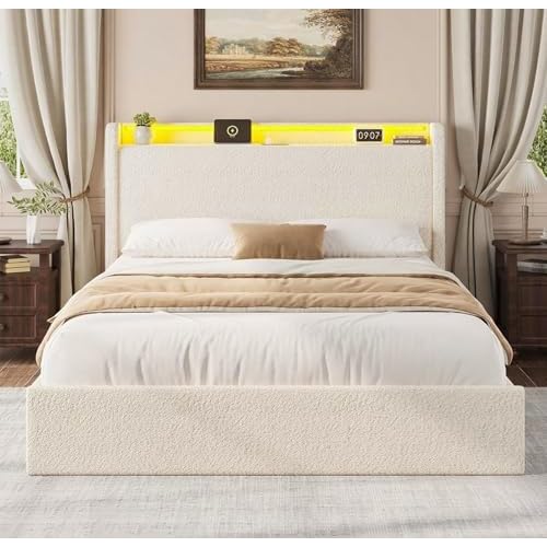 Full LED Bed Frame with 4 Storage Drawers and Storage Headboard, Soft Boucle Upholstered Platform Bed Frame with Charging Station and USB Ports, Solid