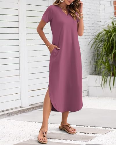 Image of MISFAY Women's Summer Maxi Dress 2026 Casual Short Sleeves V Neck Loose Sundress Split Long Beach T Shirt Dress