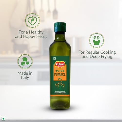 Image of Del Monte Pomace Olive Oil (Imported) | All-purpose everyday cooking oil for regular Indian cooking | Ideal for deep frying, roasting, baking | High MUFA & Low in Saturated Fat | Pomace Olive Oil, 500ml Pet Bottle
