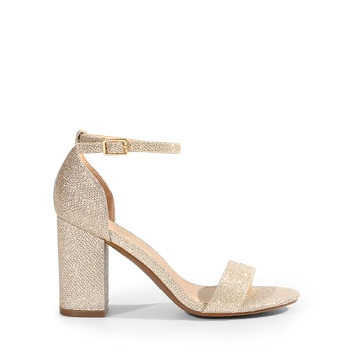 DREAM PAIRS Heels for Women Chunky Block Heel Open Toe Ankle Strap 3.5 Inch Heeled Sandals for Party Date Wedding,Size 6,Gold,DWUMHS2534