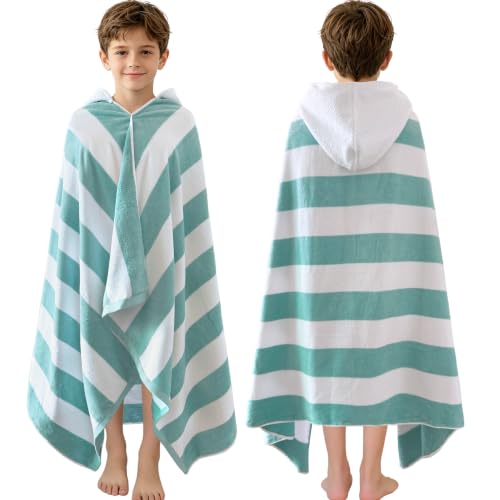 VOOVA & MOVAS Aqua Green Striped Hooded Bath Towels for Teens/Big Kids (8Years Up) Soft Absorbent 100% Cotton Thick Towel Wrap Versatile Beach Pool Swim & Bath Cover-Up