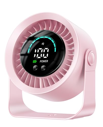 DIGIX Rechargeable USB Desk Fan for Bedroom, 100 Speeds, 360° Rotation, Wall Mounted Design Small Portable Table Fan with LED Display, Quiet Personal Desktop Cooling Fans for Home Office (Pink)