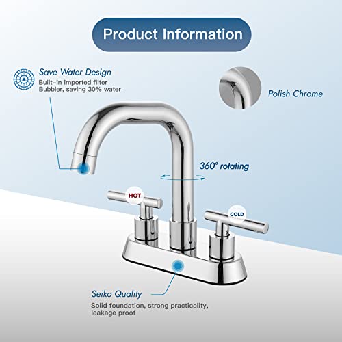 Cinwiny 4" Centerset Bathroom Sink Faucet Swivel Spout Vanity Faucet Deck Mount Mixer Tap With Water Supply Hoses, 2 Handles Bathroom Faucet Polished Chrome #TOP2