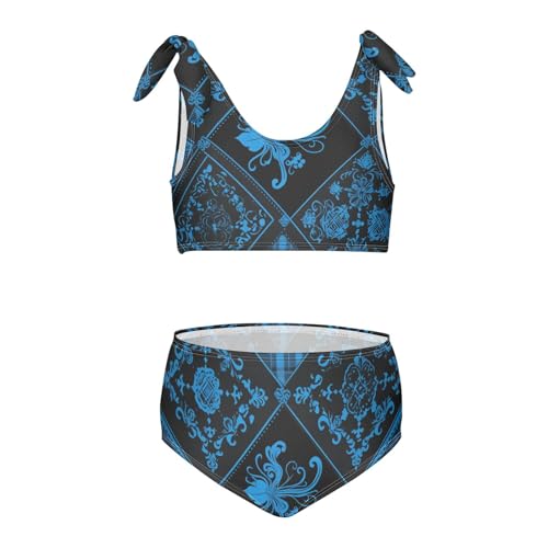 KLL Buffalo Plaid Blue Black Girls' Two Piece Bikini Sets Scoop Neck Swimming Bathing Suit Swimsuit