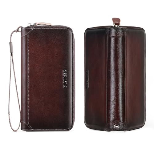 Men's Genuine Leather Zipper Wallet with RFID Blocking, Phone Pocket，Long Zipper Pouch Wallet, Large Clutch Cash Long Wallet with Zipper，Leather Wallets for Men for Checkbook, phone, Cash