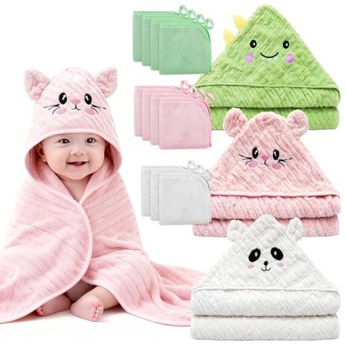 Image of 14 PCS Thicken Baby Towels Set, 3 PCS Soft Hooded Baby Towels & 11 PCS Washcloths, Baby Bath Towels for Newborns, Infants & Toddlers, Ultra Absorbent, Cute Baby Towel Gift for Girls