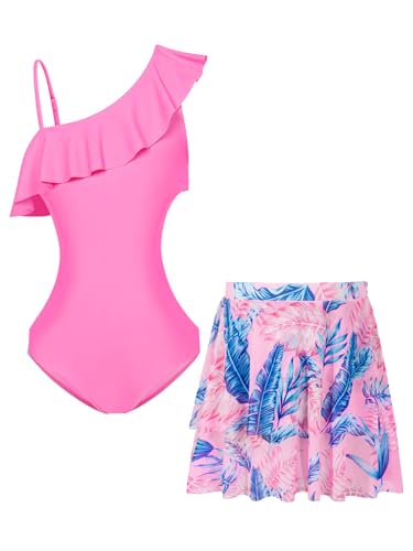 Haloumoning Girls One Piece Swimsuits with Mesh Skirt Ruffle One Shoulder Cut Out Bathing Suit Swimwear 5-14Y Pink