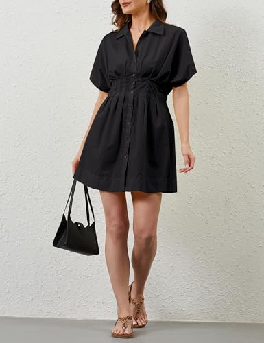 Image of Women Button Down Pleated Shirt Dress Summer Short Sleeve Blouse Striped Print Corset Mini Dresses