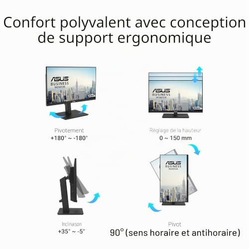 ASUS VA27ECPSN – Moniteur docking 27 pouces, Full HD (1920x1080), IPS, sans cadre,USB-C, RJ45, 75Hz, Adaptive-Sync, haut-parleurs stéréo, faible lumière bleue, design ergonomique, montage mural