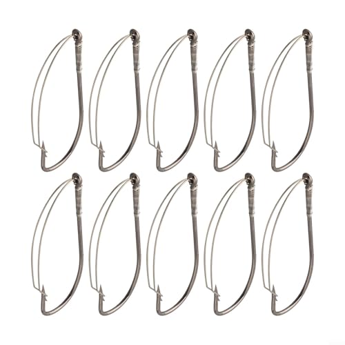 High Carbon Steel Weedless Fishing Hooks For Bass Worm Baits Wide Gap Barbed Lure Tackle Snag Free Design Silver Color 10pcs Pack 2/0(3/0)