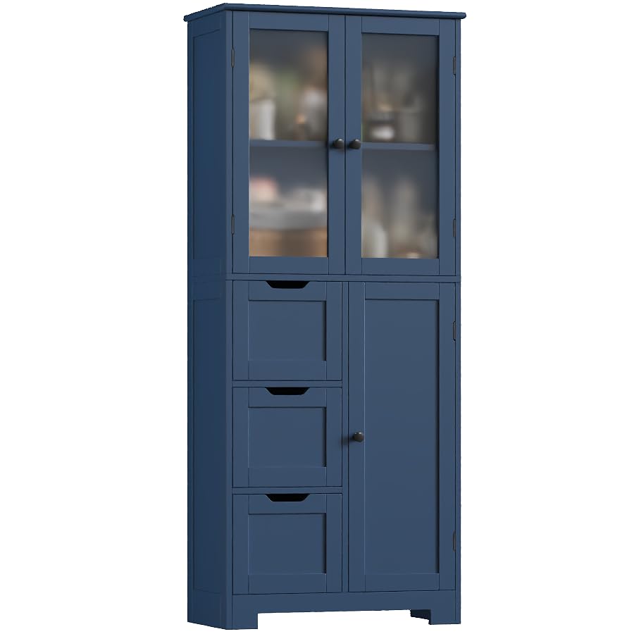 HOCSOK Meuble de Salle de Bain, Meuble de Rangement avec Tiroirs et Armoire avec la Porte, Armoire Haute en Bois pour Salon, Cuisine, 143.2X 60x30cm, Bleu...