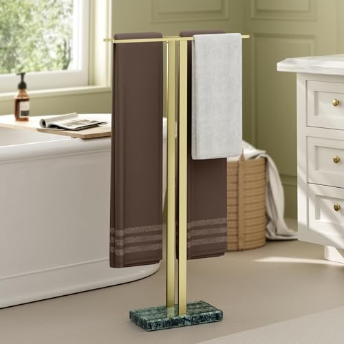 Image of KES Standing Towel Rack with Green Natural Marble Base, 37" Equal-Height Bath Towel Holder Stand for Bathroom Floor, Fits Large Bath Towel, 18/8 Stainless Steel Brushed Gold, BTH229-GBZ