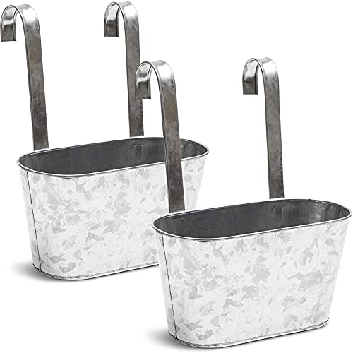 Juvale Window Hanging Planter Buckets - 5 x 4.5 x 10 in, Metallic, 2-Pack - Galvanized Hanging Pot for Indoor & Outdoor - Flower Pots with Hooks for Railing Planters, Fence & Wall