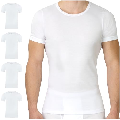 SES Herren Unterhemd Feinripp 4er Pack L - Kurzarm Unterhemden 100% Baumwolle, Weiß - Kochfest & Atmungsaktiv - Basic T-Shirt Herren mit Perfekter Passform