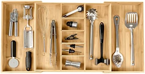 KitchenEdge Adjustable Kitchen Drawer Organizer for Utensils and Junk, Expandable to 33 Inches Wide, 9 Compartments, 100% Bamboo