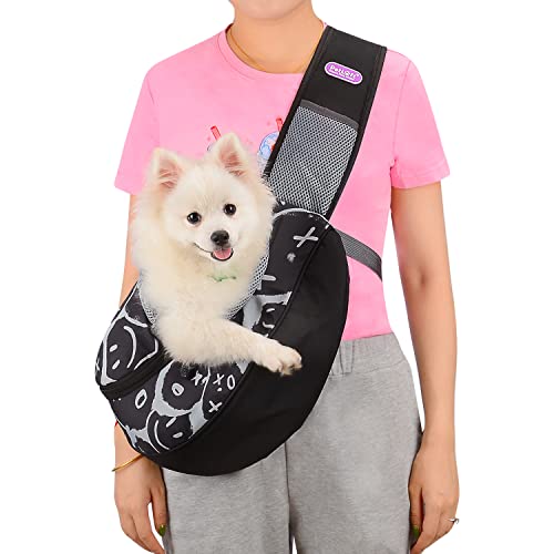 PETLOFT Portador De Perro Eslinga, Ajustable Perros Pequeños Gatos Portador de Mascota con Collar Gancho y Pretina para Cachorro/Gato/Conejito de hasta 2.27 kg, Cuerpo Cruzado Manos Libres (Negro, S) Cover