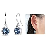 Watforsh Blue Aquamarine Circle Dangle Earrings Women Silver Handmade Crystal Drop Earrings March Birthstone Alloy Steel Polished Round Aquamarine