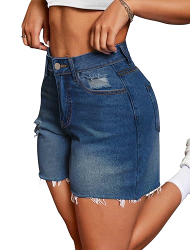 IWD Womens Jean Shorts High Waist Ripped Stretchy Jorts Frayed Raw Hem Casual Summer Denim Shorts (Dark Blue, Large)