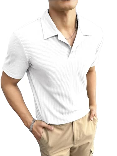 Image of Jump Cuts Mens Solid Textured Plain Polo Neck Half Sleeve White Cottonblend T-Shirt