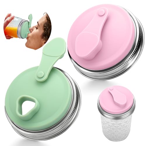Palksky Mason Jar Drinking Lids 2 Pack, Wide Mouth Stainless Steel Sip Lid with Heat-Resistant Silicone Cover, Leakproof Airtight Flip Cap, Durable Mason Jar Accessories for Coffee & Drinks