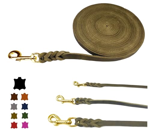 Hundeleine Fettleder/Schleppleine Leder Messing/Lederleine kleine Hunde & große Hunde / 2m / 3m / 5m / 10m / 15m /20m (Olive OHNE Handschlaufe, 3m / 8mm)