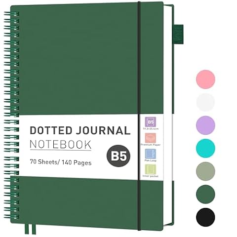 RETTACY Notatnik B5 w kropki, lekki notatnik Collegeblock, 70 arkuszy / 140 stron do pisania, 100 g/m², dla kobiet i mężczyzn, do pracy, biura, 19,3 x 25,4 cm, ciemnozielony