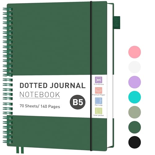 RETTACY Notizbuch B5 Gepunktetes, Bullet Dot Journal, Leichtgewicht Collegeblock, 70 Blatt / 140 Seiten Zum Schreiben, 100gsm, PVC Rinbuch, für Frauen Männer Arbeit Büro, 19.3x 25.4cm - Dunkelgrün