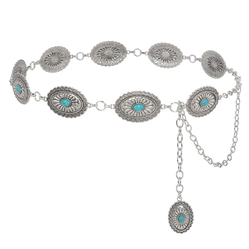Image of WHIPPY Western Metal Concho Belt for Women Vintage Cowgirl Boho Turquoise Chain Belts for Dresses Jeans