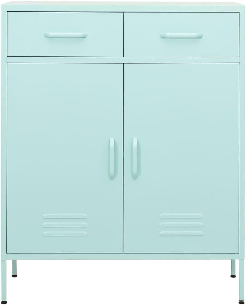 vidaXL Steel Storage Cabinet, Versatile Organizer with 2 Doors, 2 Fully Extendable Drawers with 3 Sections ballbearing Runners, Adjustable Shelf - Mint