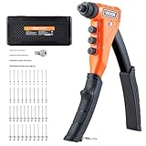 Un seul kit pour de multiples applications : Notre kit de riveteuse manuelle comprend 4 embouts interchangeables 2,4 mm / 3,2 mm / 4 mm / 4,8 mm (3/32 pouce, 1/8 pouce, 5/32 pouce, 3/16 pouces), 200 rivets (50 de chaque taille), 1 embout d’extraction, 4 forets (1 de chaque taille) et une mallette de transport