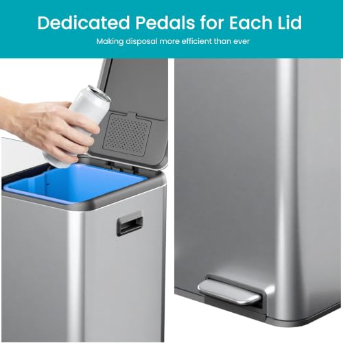 Image of Home Zone Living 16 Gallon Kitchen Trash Can with Dual Compartments for Recycling, Stainless Steel, Silver, 60 Liters Total
