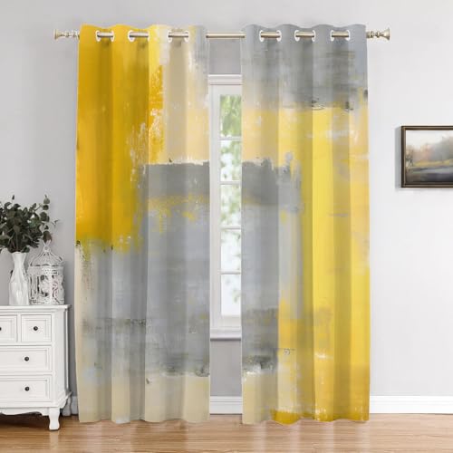 BaoNews Blackout Curtains for Bedroom, Drapes Plastic Grommet Top Insulated Thermal Living Room, 52X84 in 2 Panels,White Yellow Grey