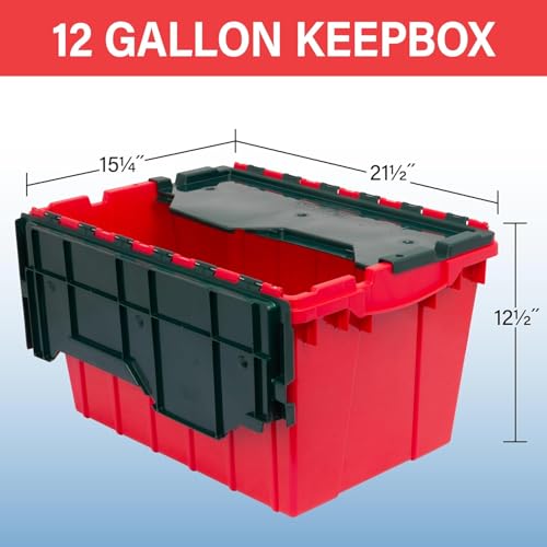 Image of Akro-Mils KeepBox 12 Gallon Storage Container, Nesting and Stackable Plastic Storage Box with Lid Attached, Organizer Tote for Garages, Closets, and Moving, 21-1 /2 inch x 15 inch x 12-1 /2 inch, Red /Green