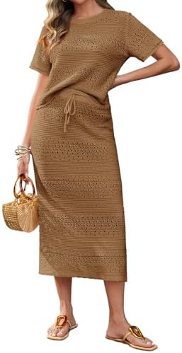 Tankaneo Womens Crochet Cover Up 2 Piece Skirt Sets Short Sleeve ...