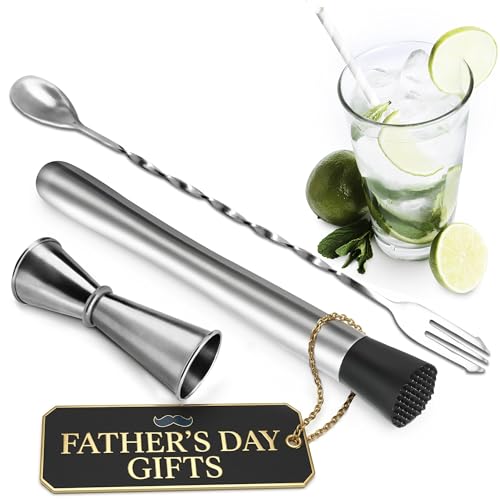 3 Pcs Muddler for Cocktails Set - Bar Muddler Tool with Sturdy Head, Versatile Cocktail Spoon & Jigger, Easy to Use & Clean, Stylish Rust-Resistant Stirring Tool - Bar Tools for Drinks Mixing