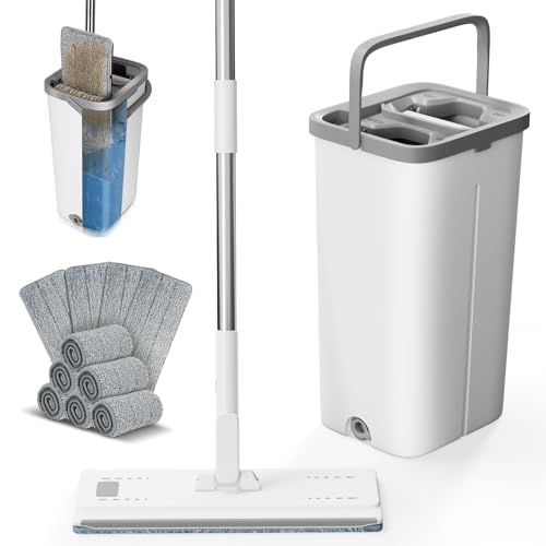 Midyb Wischmopp Set mit Eimer - Bodenwischer Set mit 10 Mikrofaser Mop Pads und 140cm Edelstahlgriff...