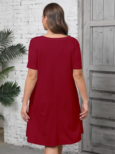 Image of AusLook Plus Size Midi Dress for Women Casual Summer Short Sleeve A Line Swing Dress with Pocket Round Neck Flowy Dress 1X-5X