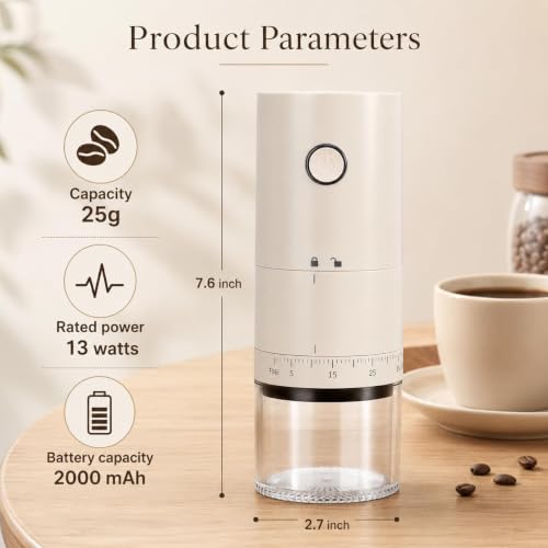 Image of Ash & Roh Electric Coffee Grinder with 38 Adjustable Grind Settings, Rechargeable Ceramic Burr Coffee Bean Grinder for Espresso, French Press, Travel & Home Use (Cream)
