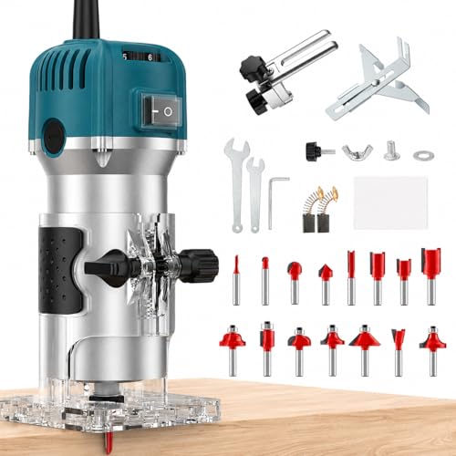 VOBOR Fresadora de Madera Rebajadora Eléctrica, 800W 30000 RPM Fresadora de Mano con 6 Velocidades Variables, 15 piezas 1/4'' Alicates, Pinza De Base Fija De 6/6.35MM