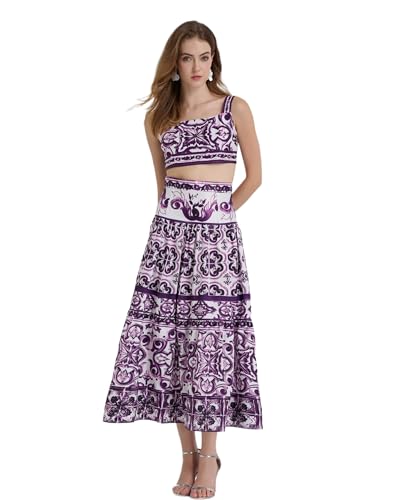 2 Piece Casual Beach Skirt Sets for Women Floral Printed Halter Crop Top High Waist A Line Maxi Skirt Fashion Vacation Outfits Purple-S