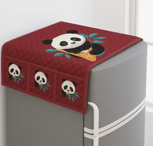 Image of STOREUP double Door or Single Door Fridge Cover | solid Print Fridge Cover With Side Pockets|Fridge Top Cover|Refrigerator Cover|Washable Cotton Material|6 Utility Pockets (MAROON PANDA)