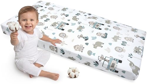 Medi Partners Sabana Bajera Cuna 60x120 100% Algodon Sabanas de Algodón Bebe Ropa de Cama para Bebés Dormir Cuna Fitted Bed Sheet Protector (Menta Zoo)