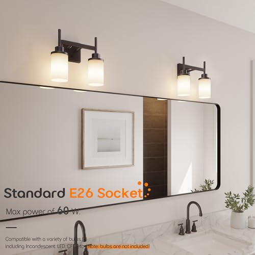Image of Wall Lights Over Mirror Bathroom Vanity Light Fixtures with White Frosted Glass, Double Wall Sconces for Hallway Entrance, Oil Rubbed Bronze T001ORB-L2