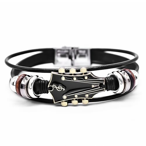 Retro Guitar Leather Bracelet for Man Women Unique Bead Braided Handmade Ethnic Tribal Cuff Multi-Layer Cords Wrap Music Shape Punk Rock Jewelry Gifts Wristband2