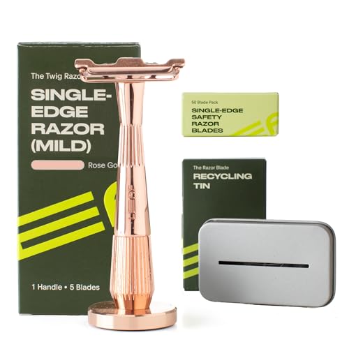 Leaf Shave | Leaf Twig Razor Set, Includes Twig Razor, Matching Stand, 50-Pack Single-Edge Blade Refills, and Blade Bank - Rose Gold