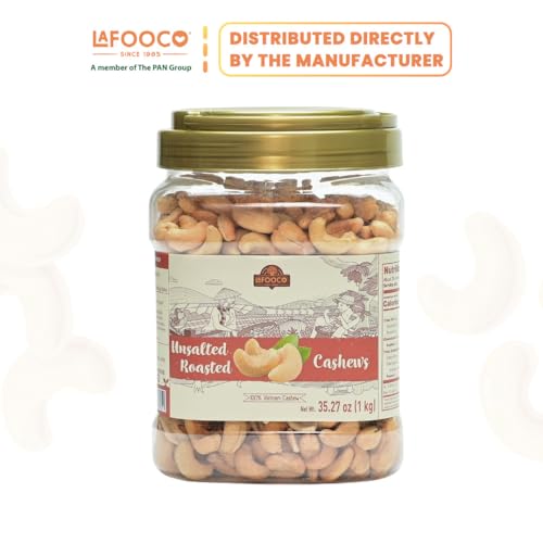 Image of LAFOOCO Roasted Unsalted Cashews 2.2 lb (1kg), Bulk No Salt Added Nuts | Whole cashew kernels roasted with no salt added. Premium Vietnamese nuts for healthy diets and baking. Bulk resealable jar.