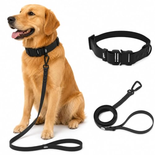 Image of Adil's Biothane Waterproof Dog Collar, Dog Leash & Collar Leash Combo | Heavy Duty TPU Coated Webbing | Adjustable Quick Release Buckle | Odour Resistant (Black, L-22, Collar & Leash Combo)