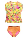 RuffleButts Baby/Toddler Girls Scalloped Long Sleeve Rash Guard 2-Piece UPF50+ Sun Protected Swimsuit - Neon Squeeze The Day, 4T