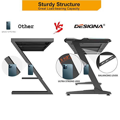 Designa 60" Gaming Desk With Rgb Led Lights, Large Z-Shaped Gaming Pc Desk With Carbon Fiber Desktop Home Office Computer Game Desk Table For Gamer W Mouse Pad, Cup Holder, Headphone Hook, Black #TOP4
